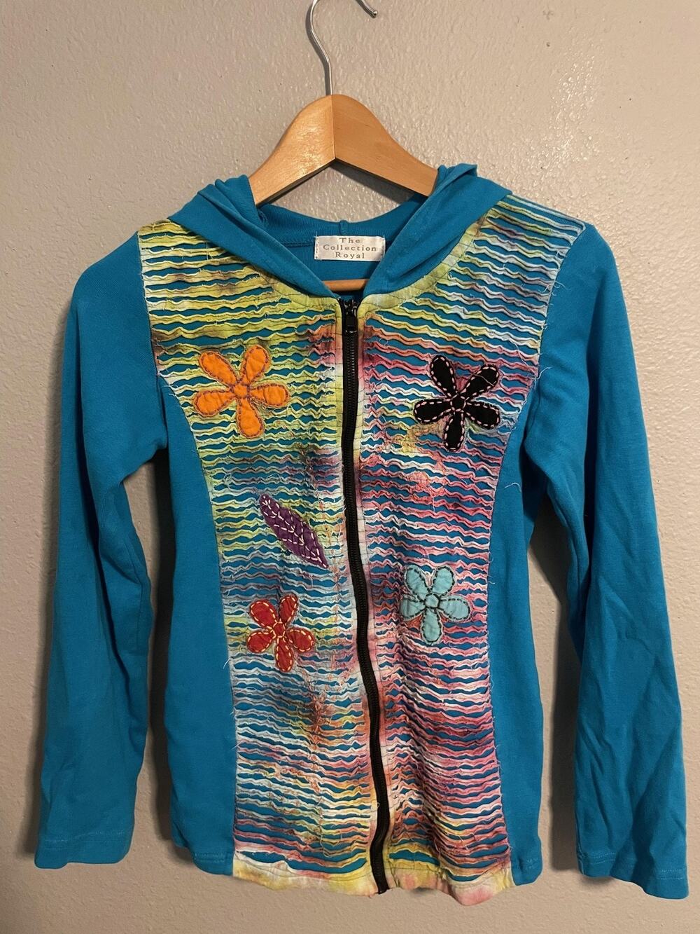 The Collection Royal Sweater Womens Small Blue Hooded Floral Embroidered Boho